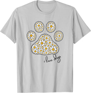 I Love Dogs for Girls Love Dog Paw Print Graphic Daisies T-Shirt - T-Shirt | Ash