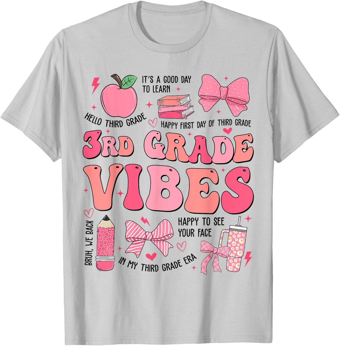 Girls 3rd Grade Vibes Coquette Bow Back to School Teacher T-Shirt - T-Shirt | Ash
