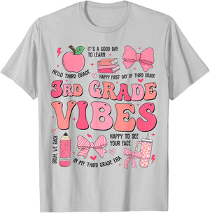 Girls 3rd Grade Vibes Coquette Bow Back to School Teacher T-Shirt - T-Shirt | Ash