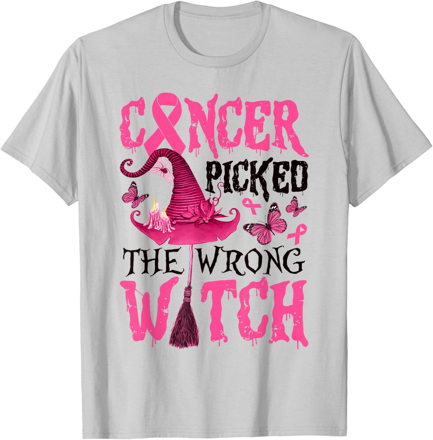 Breast Cancer Picked The Wrong Witch Halloween Women Girls T-Shirt - T-Shirt | Ash