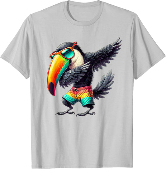 Toucan Dabbing, Swimming Pool, Beach Vacation, Tropical Bird T-Shirt - T-Shirt | Ash