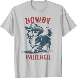 Howdy Partner - Ready for Rodeo - Cowboy Corgi Dog T-Shirt - T-Shirt | Ash