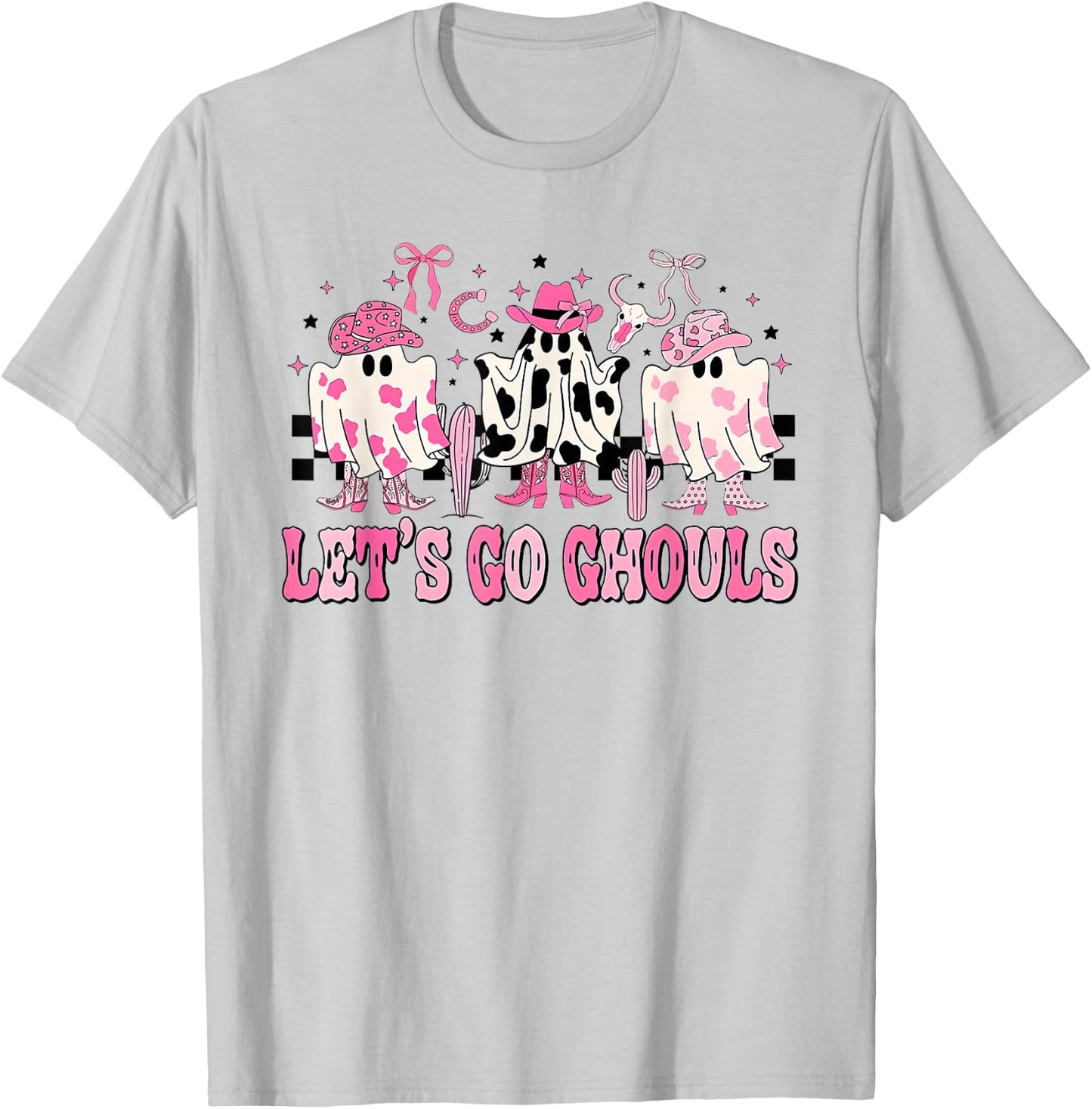 Lets Go Ghouls Groovy Pink Ghost Halloween Western Cowgirl T-Shirt - T-Shirt | Ash