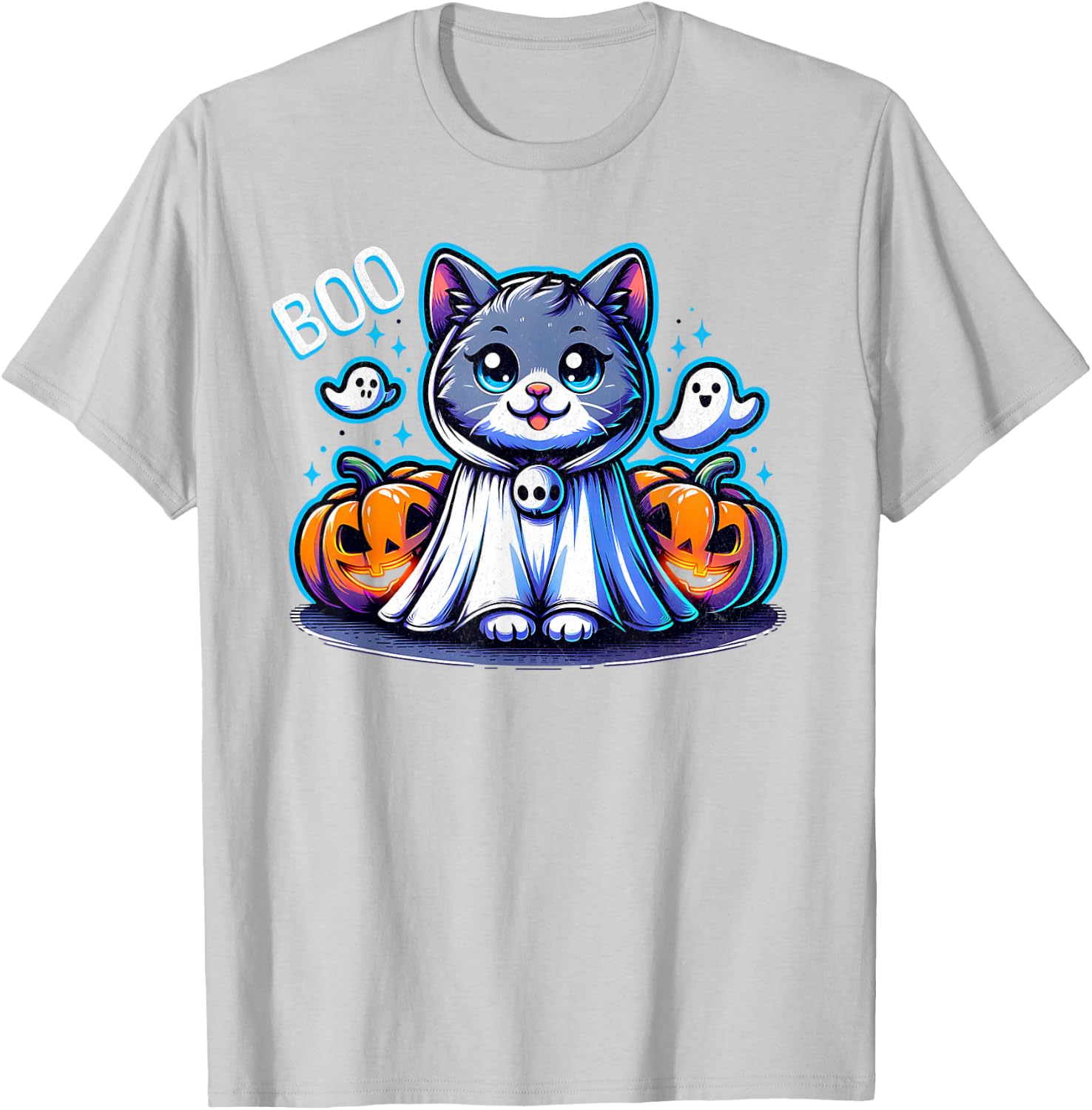 Ghost Cat Boo Funny Cat Pumpkin BOO Kitty Cat Halloween Women Kids T-Shirt - T-Shirt | Ash