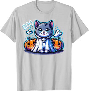 Ghost Cat Boo Funny Cat Pumpkin BOO Kitty Cat Halloween Women Kids T-Shirt - T-Shirt | Ash