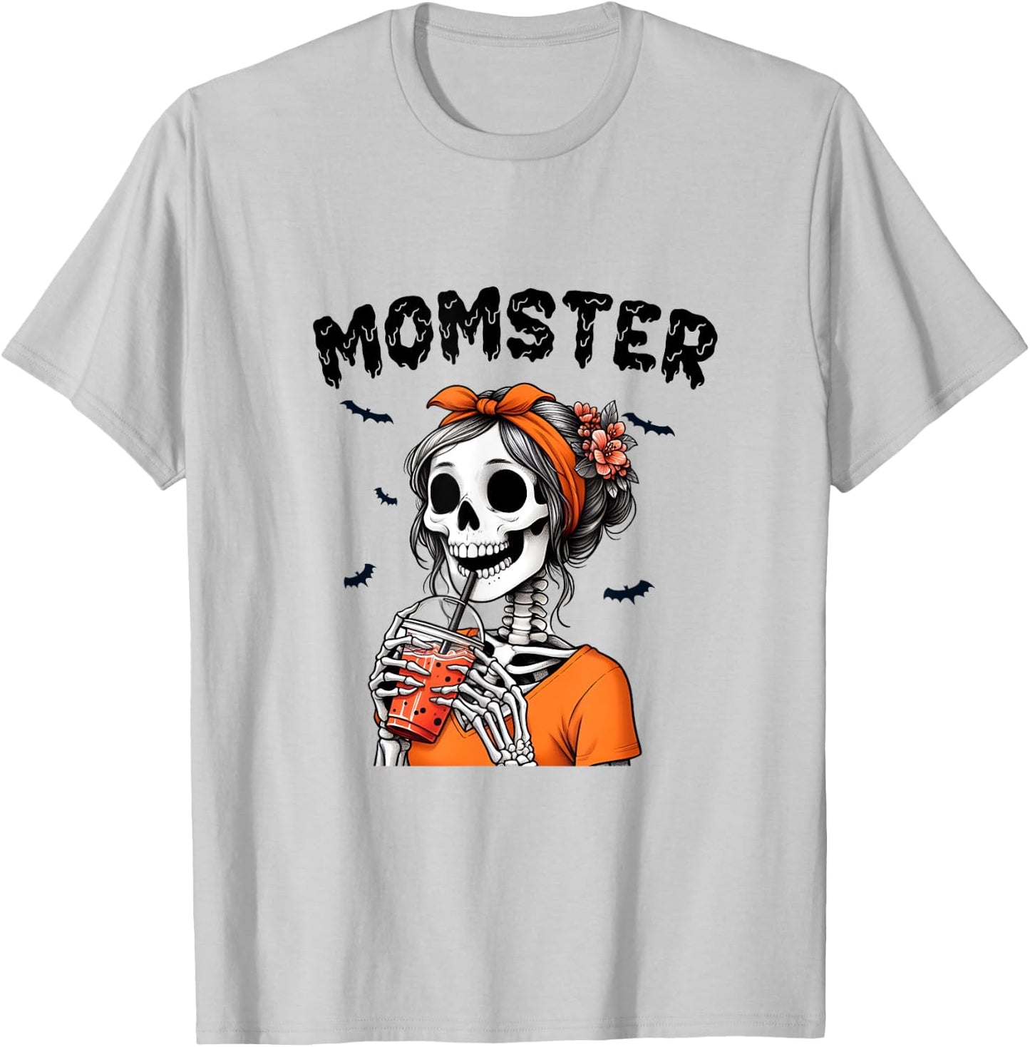Momster Skeleton Woman Coffee Funny Halloween Mom Mama T-Shirt - T-Shirt | Ash