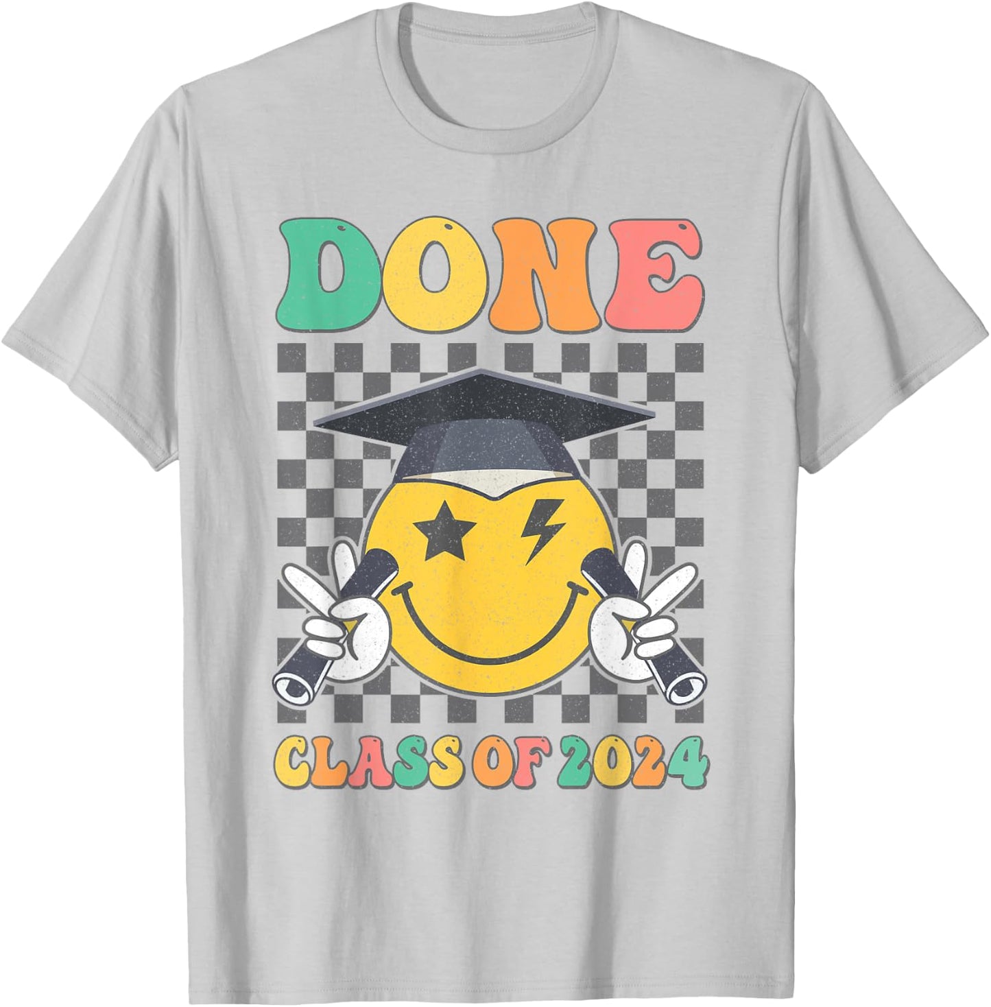 Retro Groovy DONE Class Of 2024 Smile Face Senior Graduation T-Shirt - T-Shirt | Ash