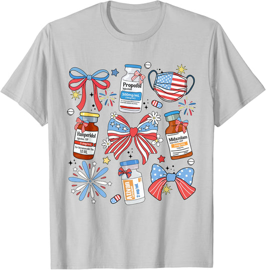 Coquette Bow 4th of July Nurse Girly Pharmacy ICU Nurse CRNA T-Shirt - T-Shirt | Ash