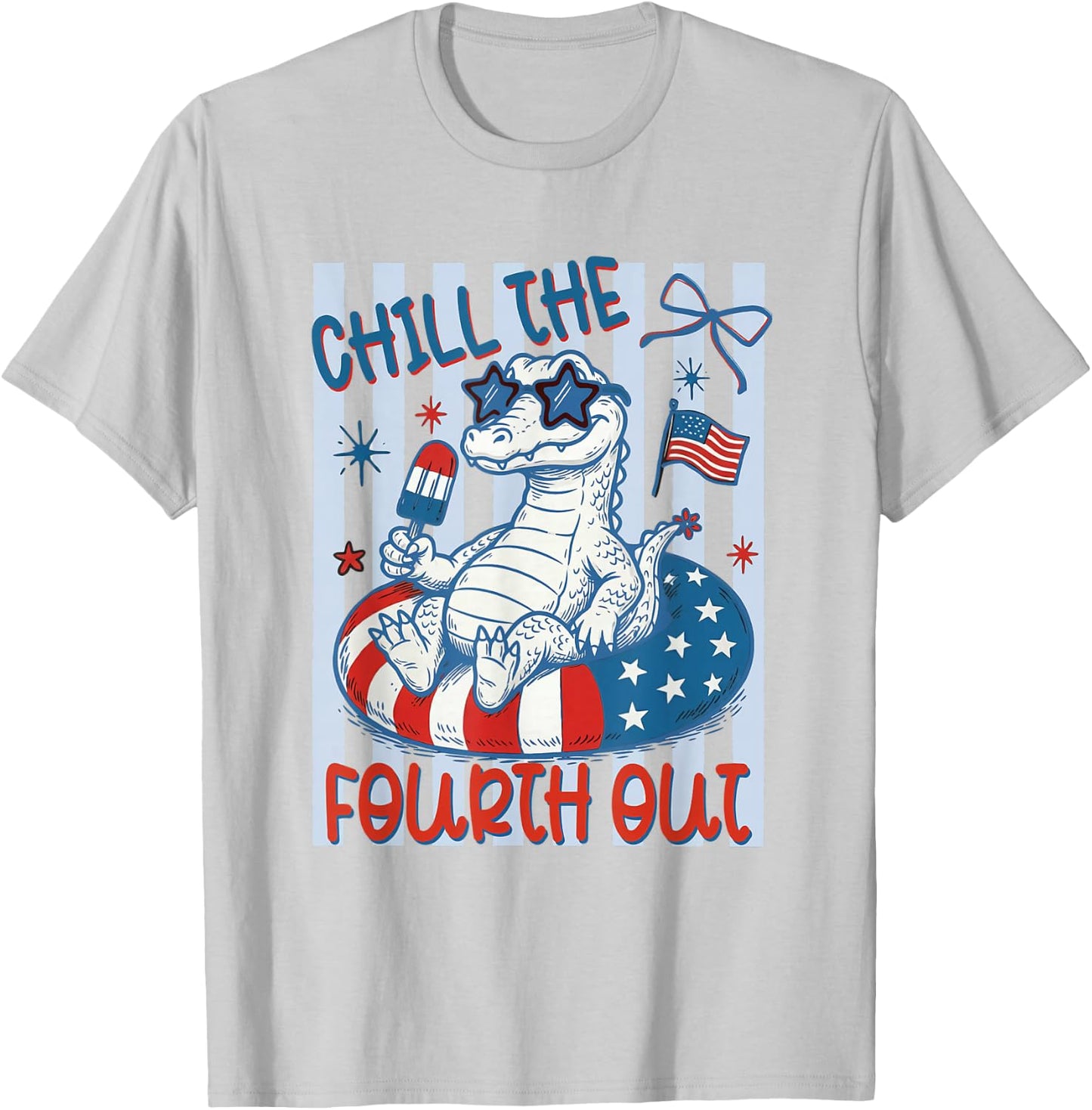 Striped Chill the Fourth Out Crocodile American Flag Gator T-Shirt - T-Shirt | Ash