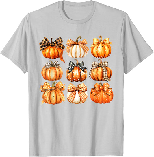 Retro Pumpkin Coquette Bow Fall Autumn Halloween Girl Women T-Shirt - T-Shirt | Ash