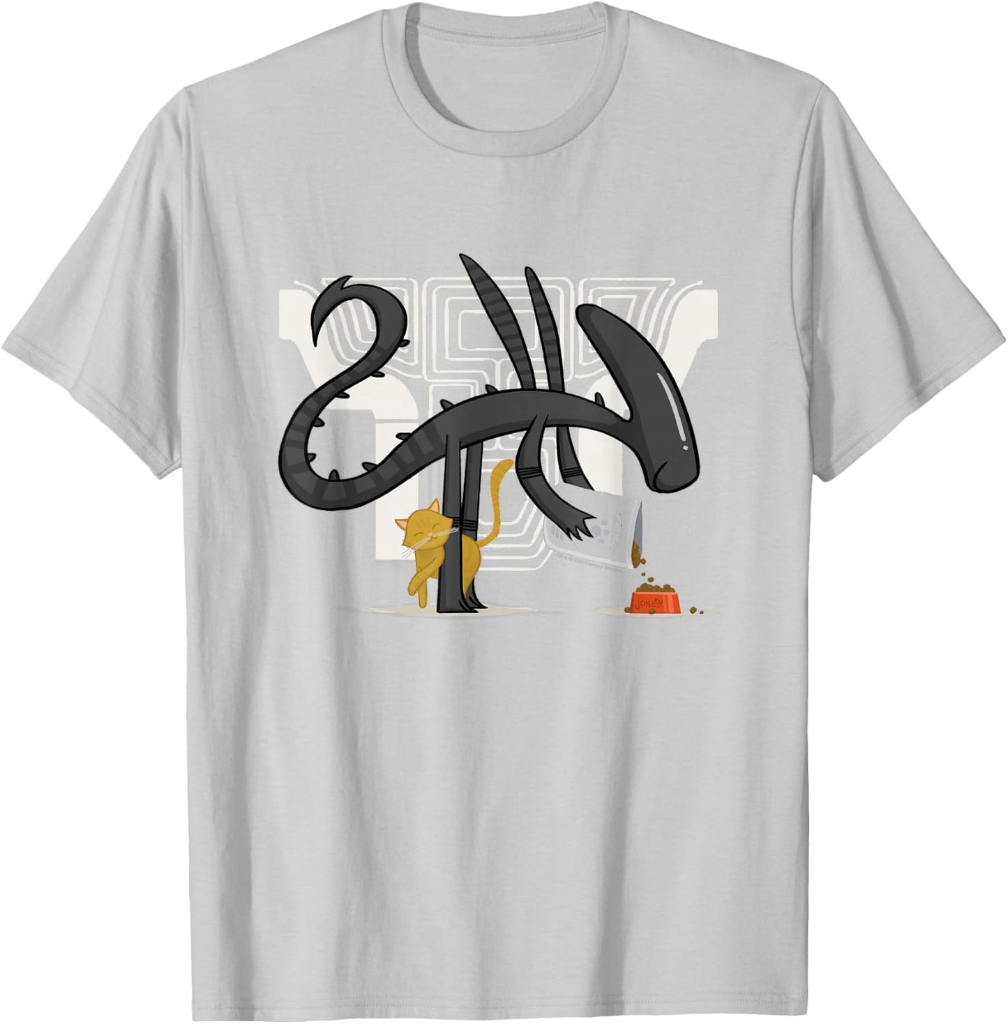 Aliens Cute Animated Xenomorph Feeding Cat Big Chest Logo T-Shirt - T-Shirt | Ash