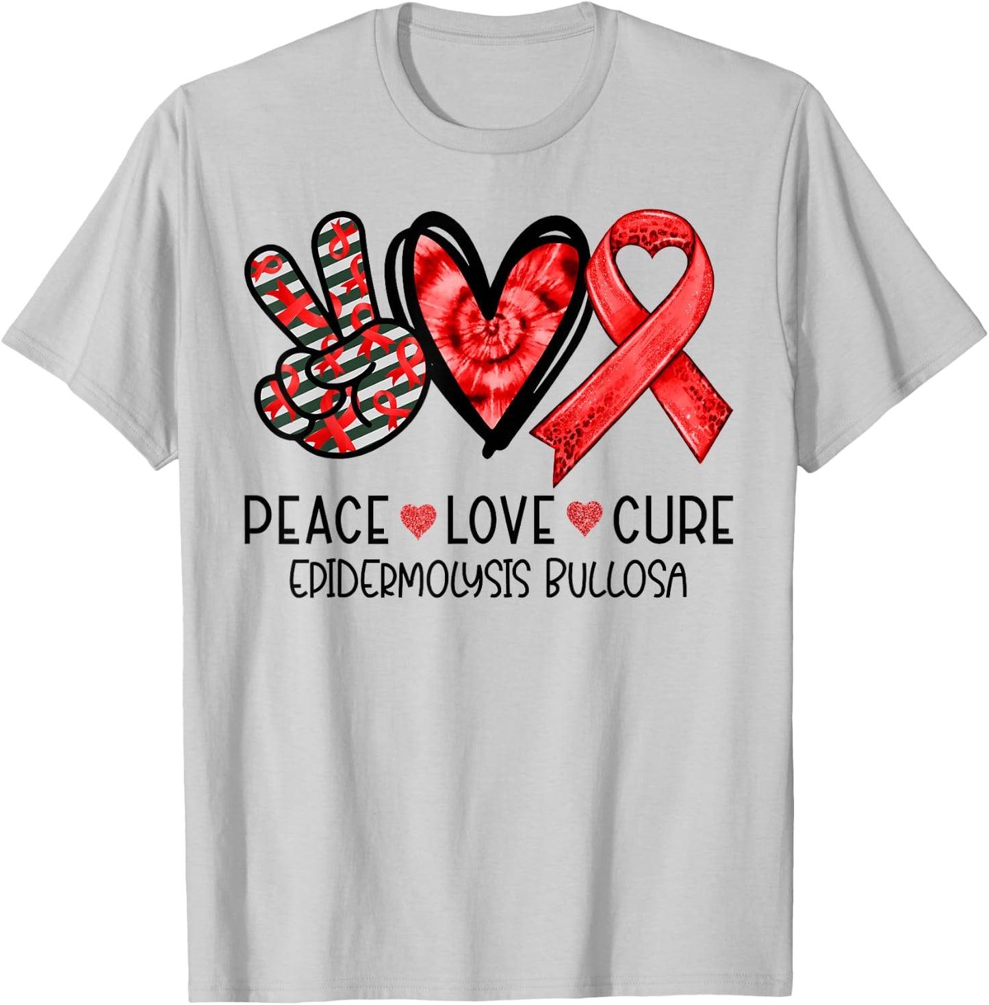 Peace Love Cure Red Ribbon Epidermolysis Bullosa T-Shirt - T-Shirt | Ash