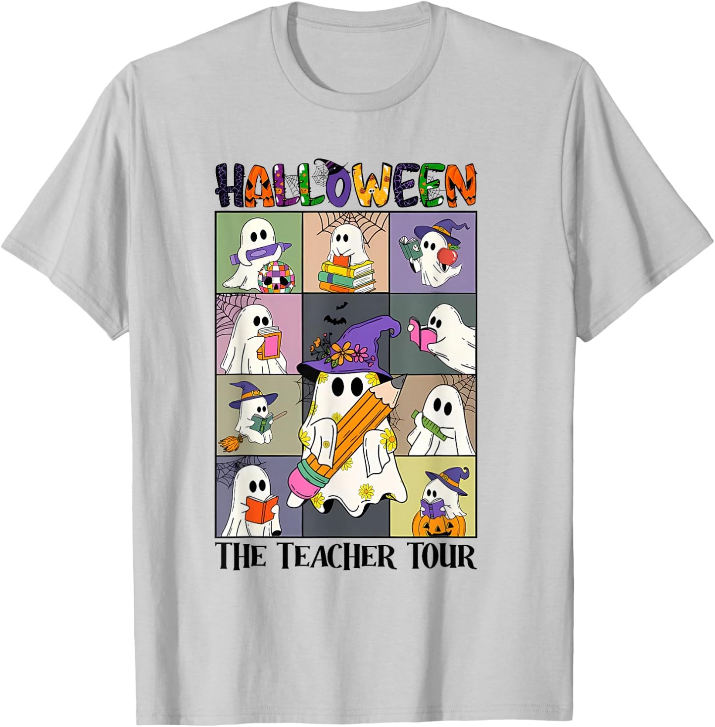 Women Halloween The Teacher Tour Ghosts Pencil Pumpkins T-Shirt - T-Shirt | Ash