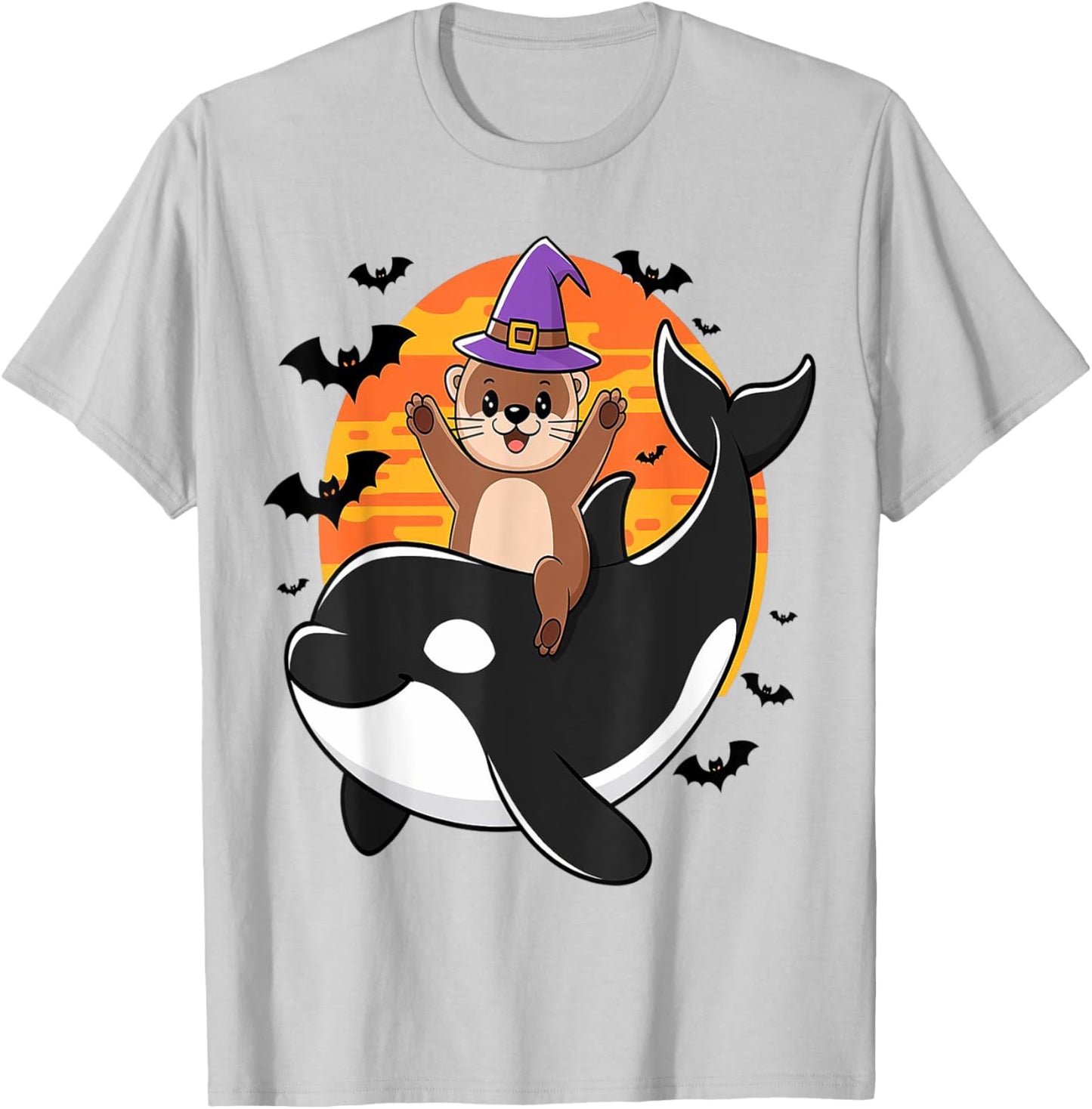Spooky Sea Adventure Witchy Otter Riding Orca Halloween Kids T-Shirt - T-Shirt | Ash