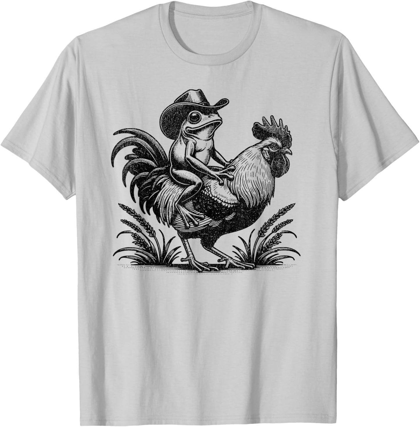 Funny Frog With Cowboy Hat Riding Rooster Country Life T-Shirt - T-Shirt | Ash