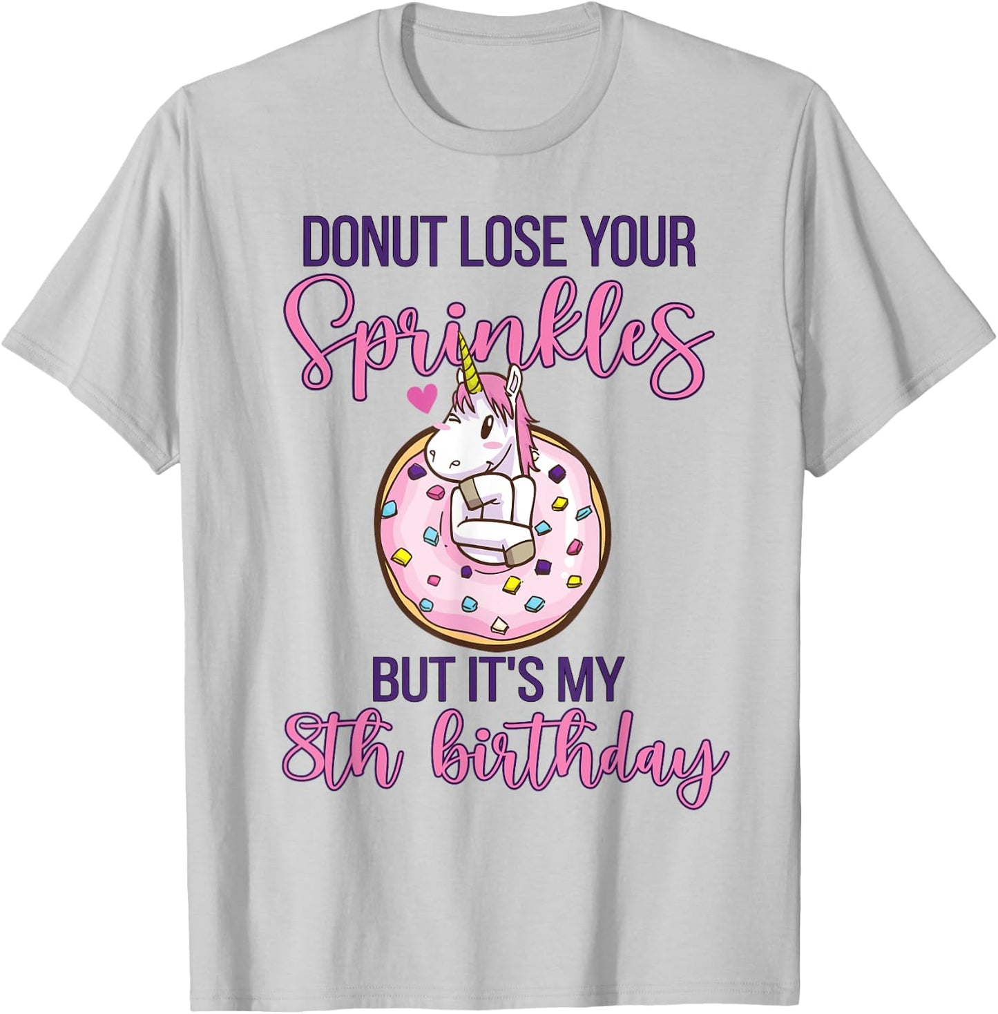 8th Donut Birthday Party Unicorn Eight Year Old Sweet Girl T-Shirt - T-Shirt | Ash
