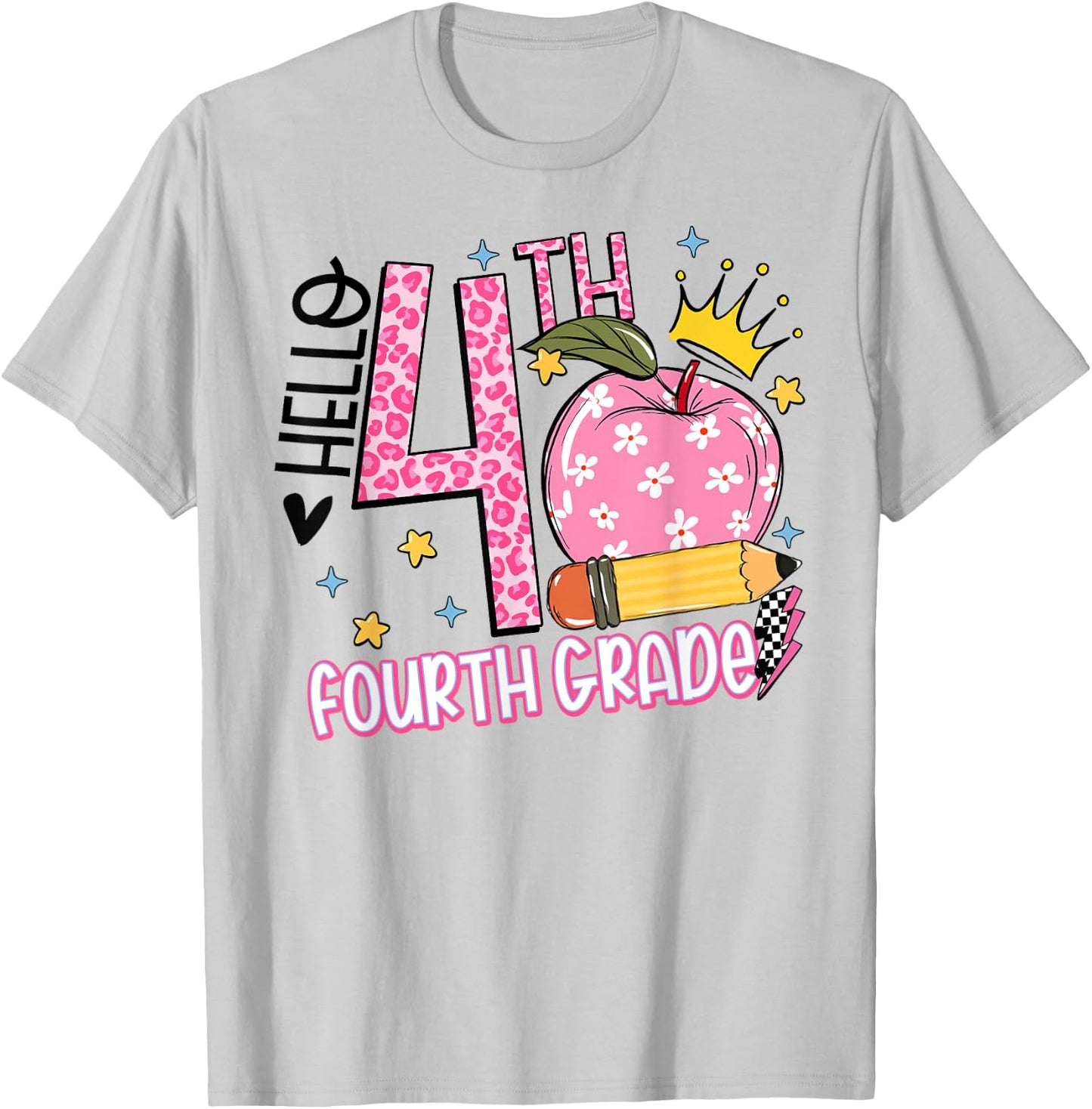 Hello 4th Fourth Grade Back To School Teacher Pink Leopard Women Girls Kids T-Shirt - T-Shirt | Ash