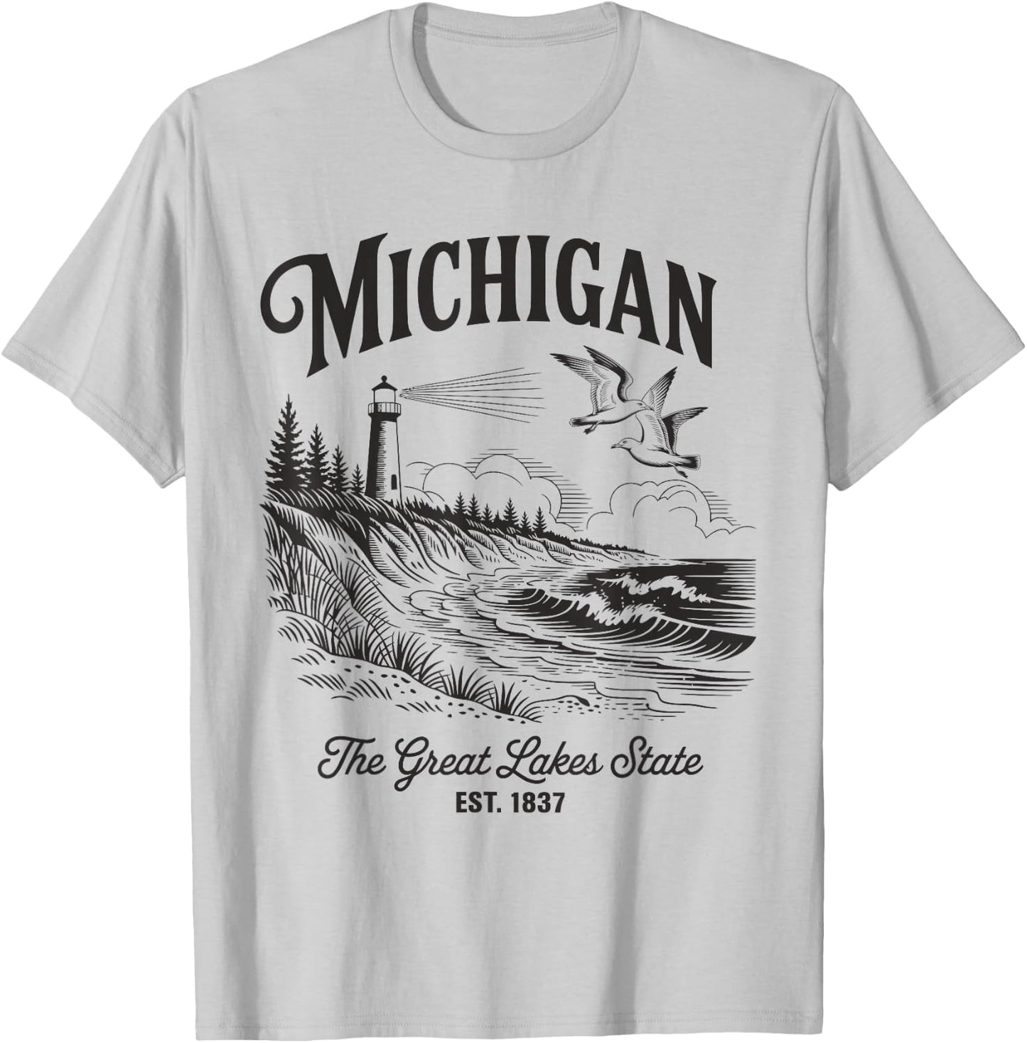Michigan Lighthouse Waves Scene The Great Lakes State Nature T-Shirt - T-Shirt | Ash