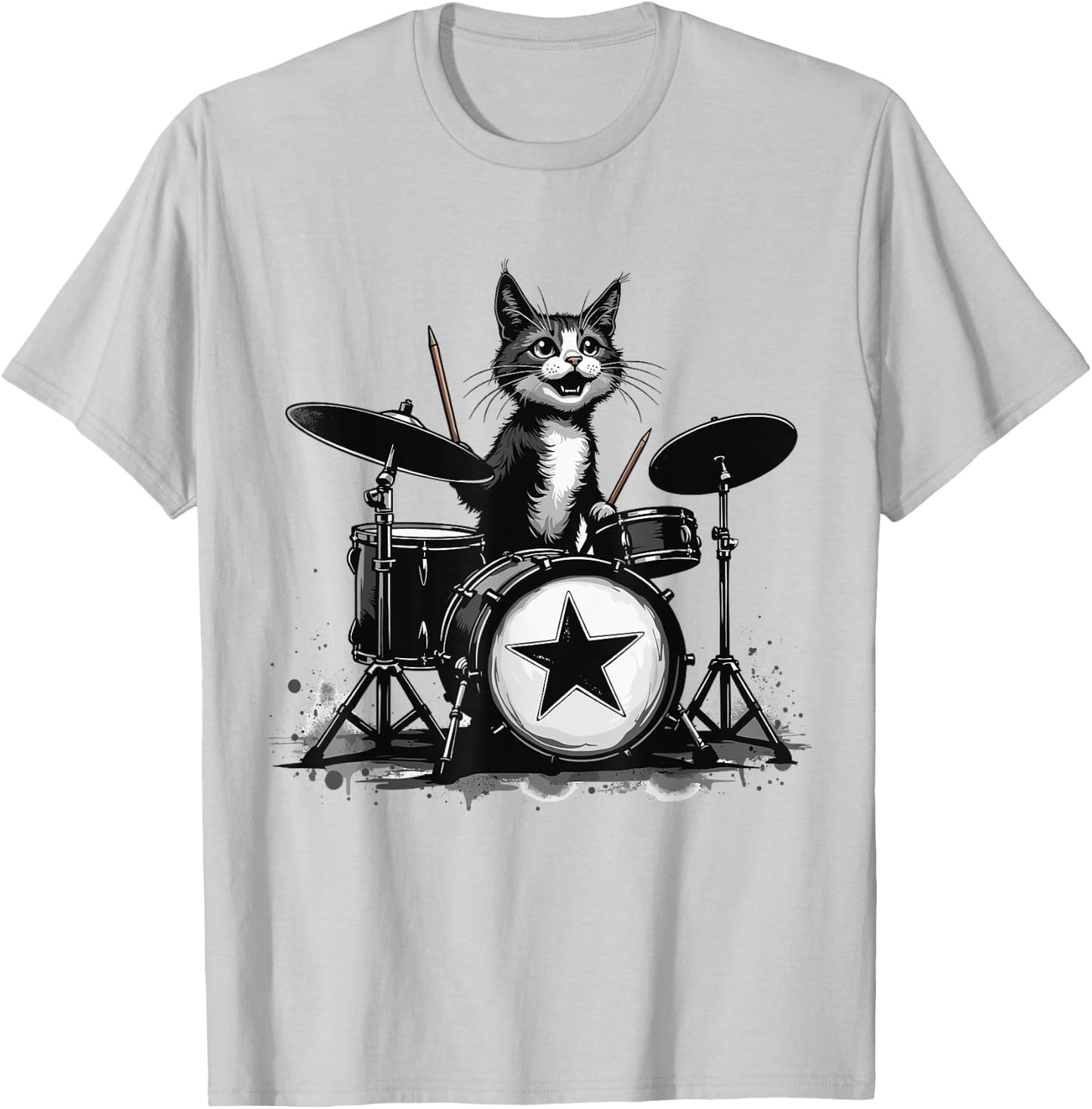 Punk Rockstar Kitten Kitty Cat Drummer Playing Drums Graphic T-Shirt - T-Shirt | Ash