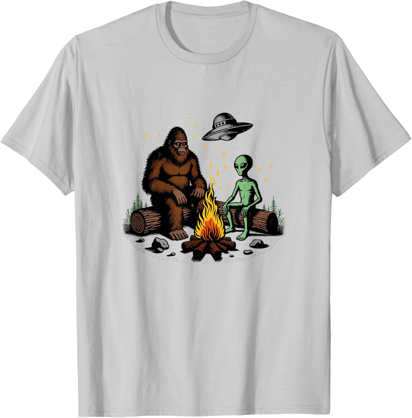 Bigfoot And Alien Campfire Gifts For Outdoor Lovers T-Shirt - T-Shirt | Ash