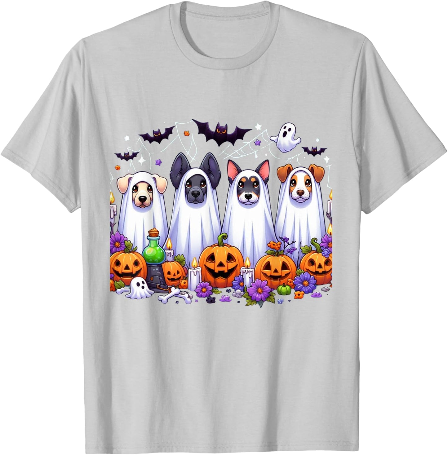 Dog Ghost Cute Dog Dressed As Ghost Funny Halloween Dog T-Shirt - T-Shirt | Ash