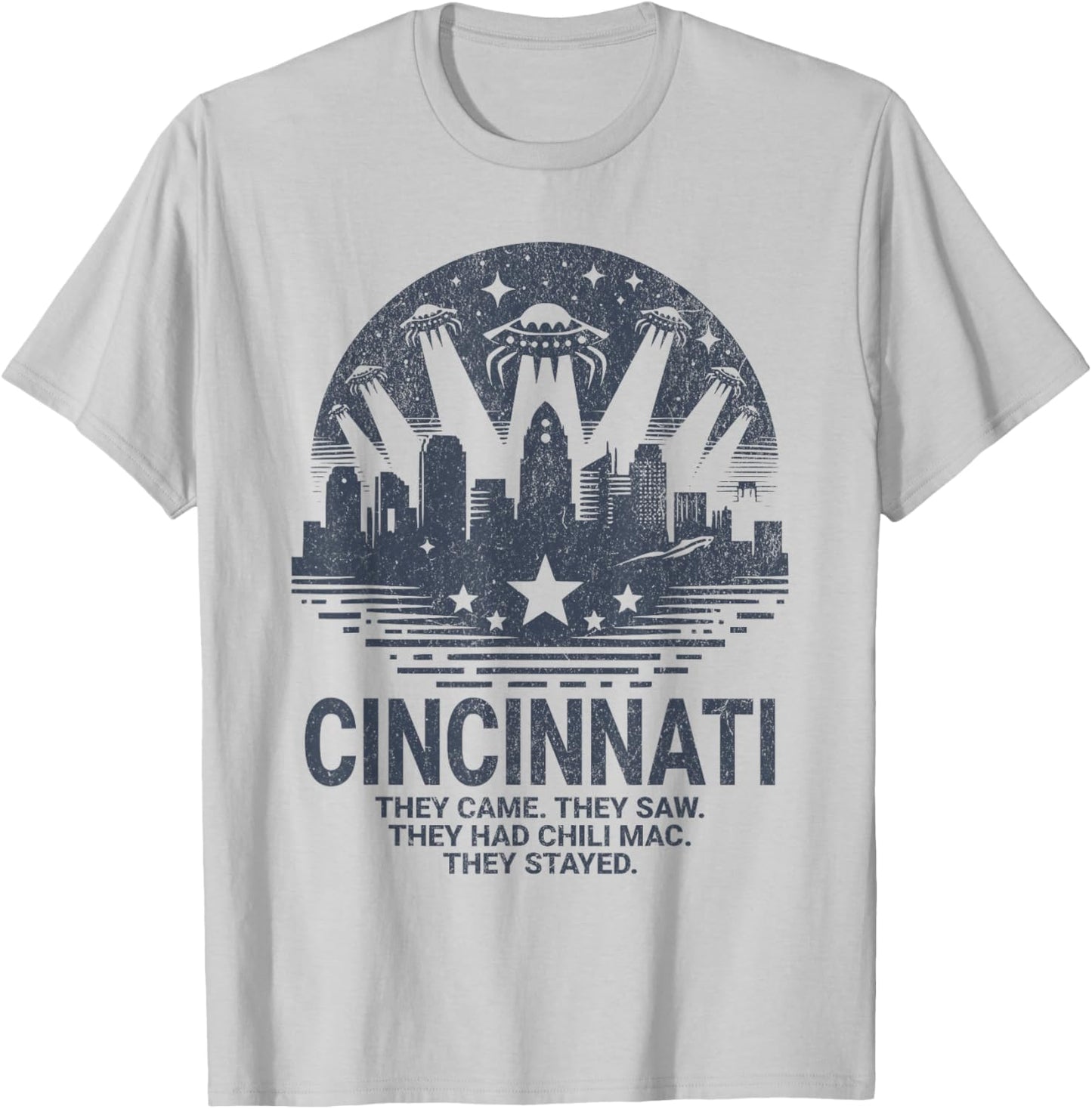 Funny Cincinnati OH City Skyline UFO Chili Mac Cincinnati T-Shirt - T-Shirt | Ash