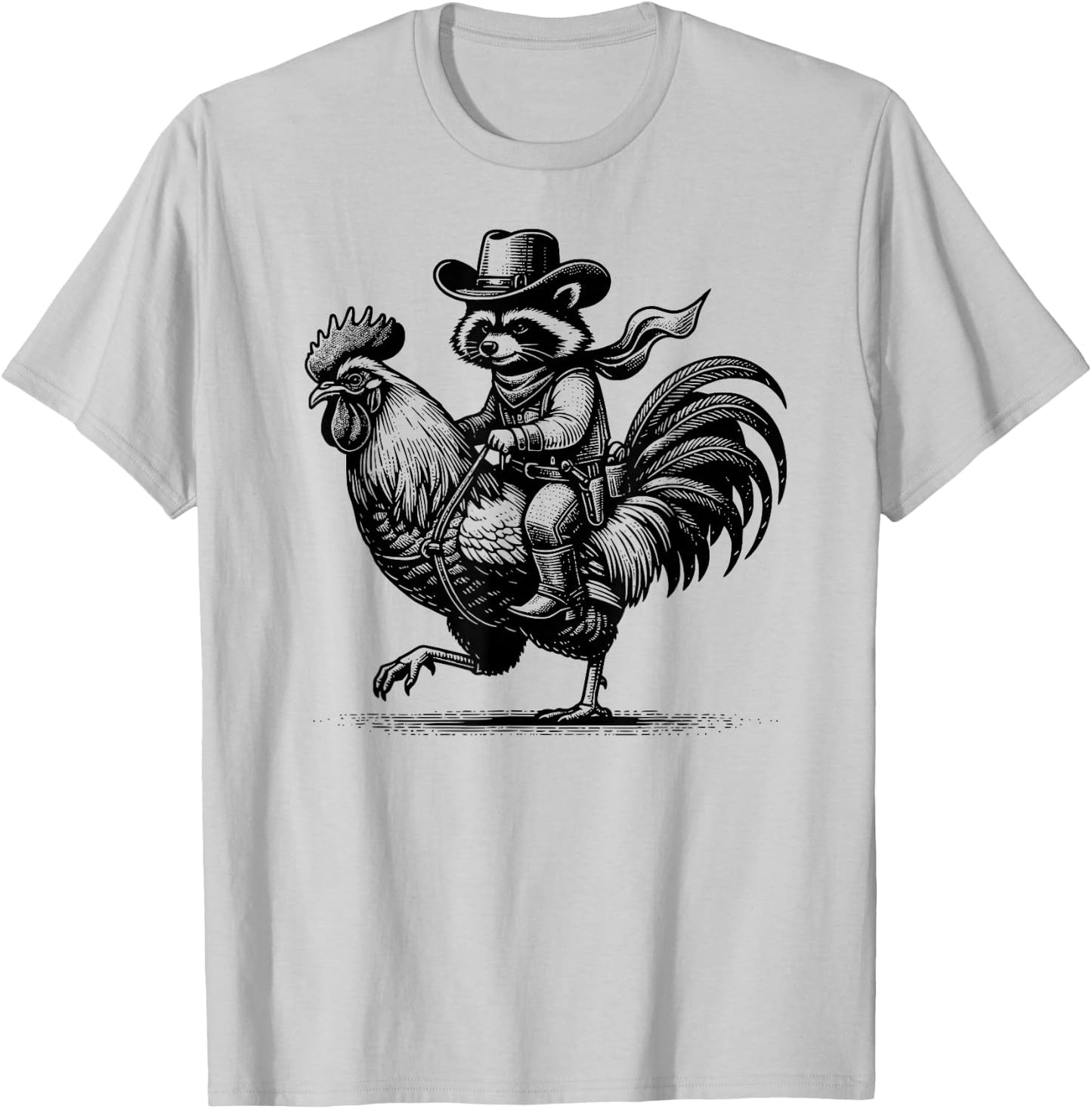 Funny Raccoon With Cowboy Hat & Boots Riding Rooster Vintage T-Shirt - T-Shirt | Ash