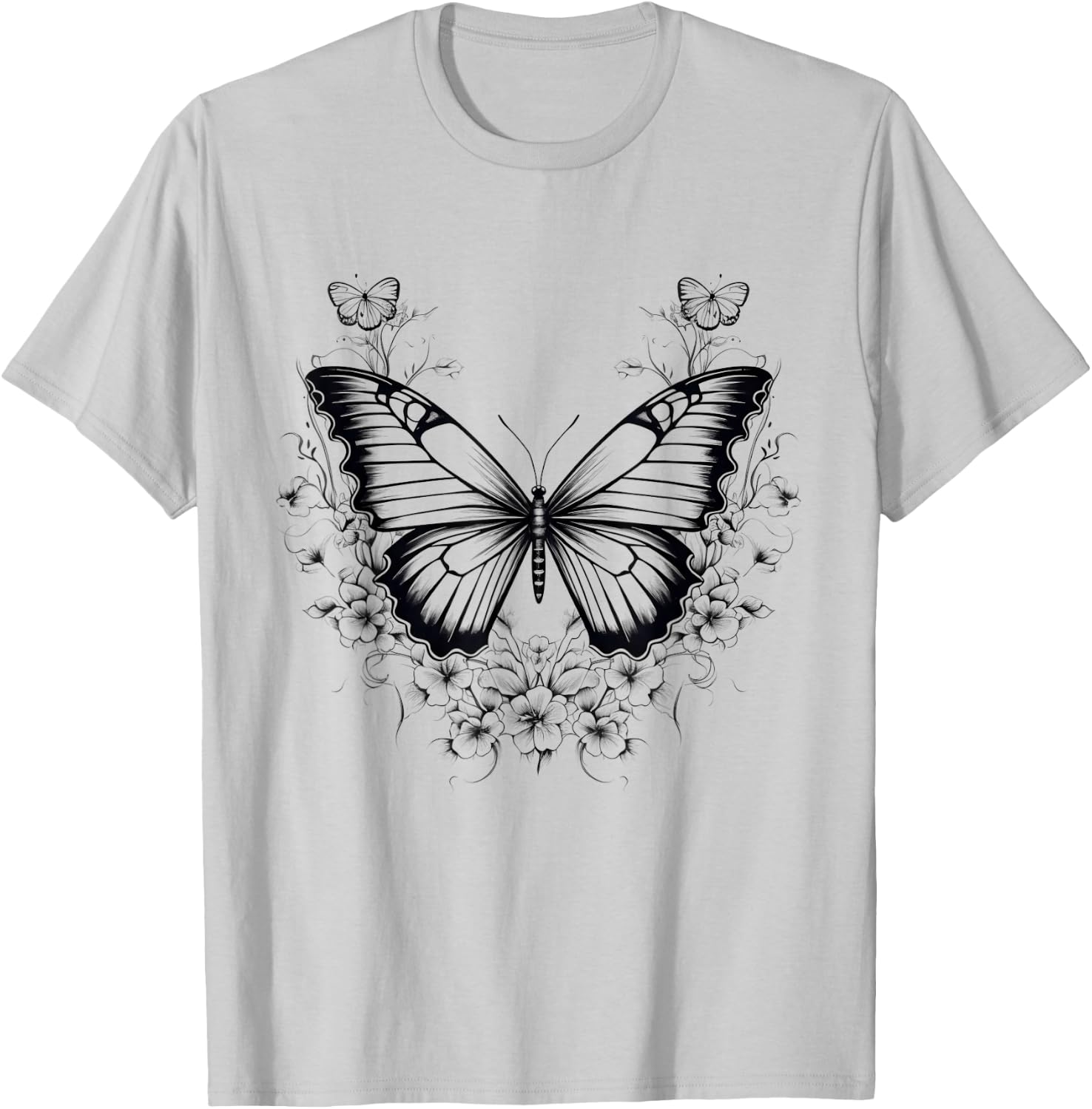 Butterfly Graphical Drawing Animal Flowerful Butterfly Lover T-Shirt - T-Shirt | Ash