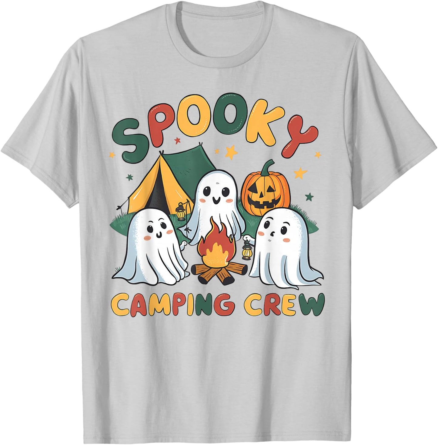 Spooky Camping Crew Ghosts Halloween Campfire Vintage Boo T-Shirt - T-Shirt | Ash