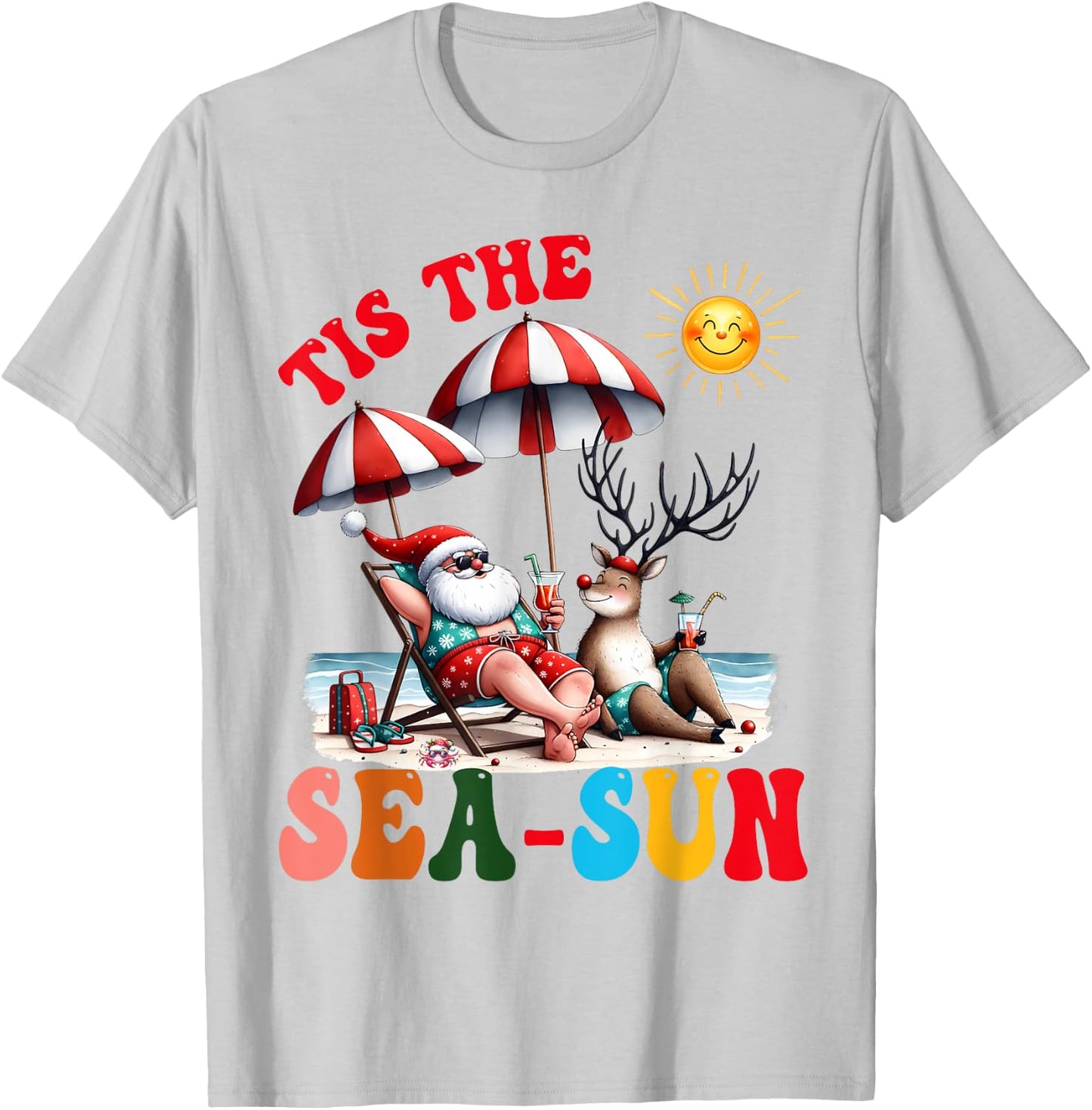 Funny Santa Tis the Sea-Sun Christmas Summer Reindeer Family Men Women Kids T-Shirt - T-Shirt | Ash