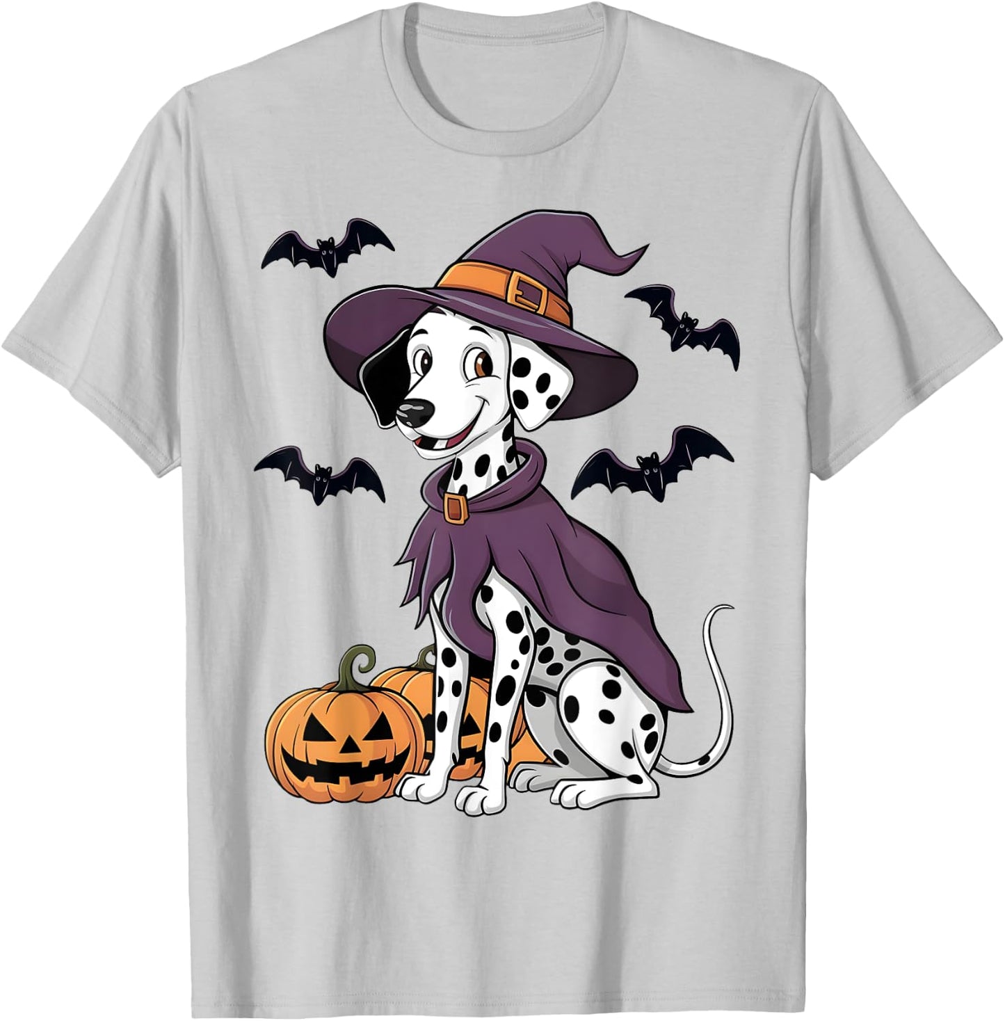 Scary Pumpkin Bat Funny Witch Hat Dalmatian Dog Halloween T-Shirt - T-Shirt | Ash