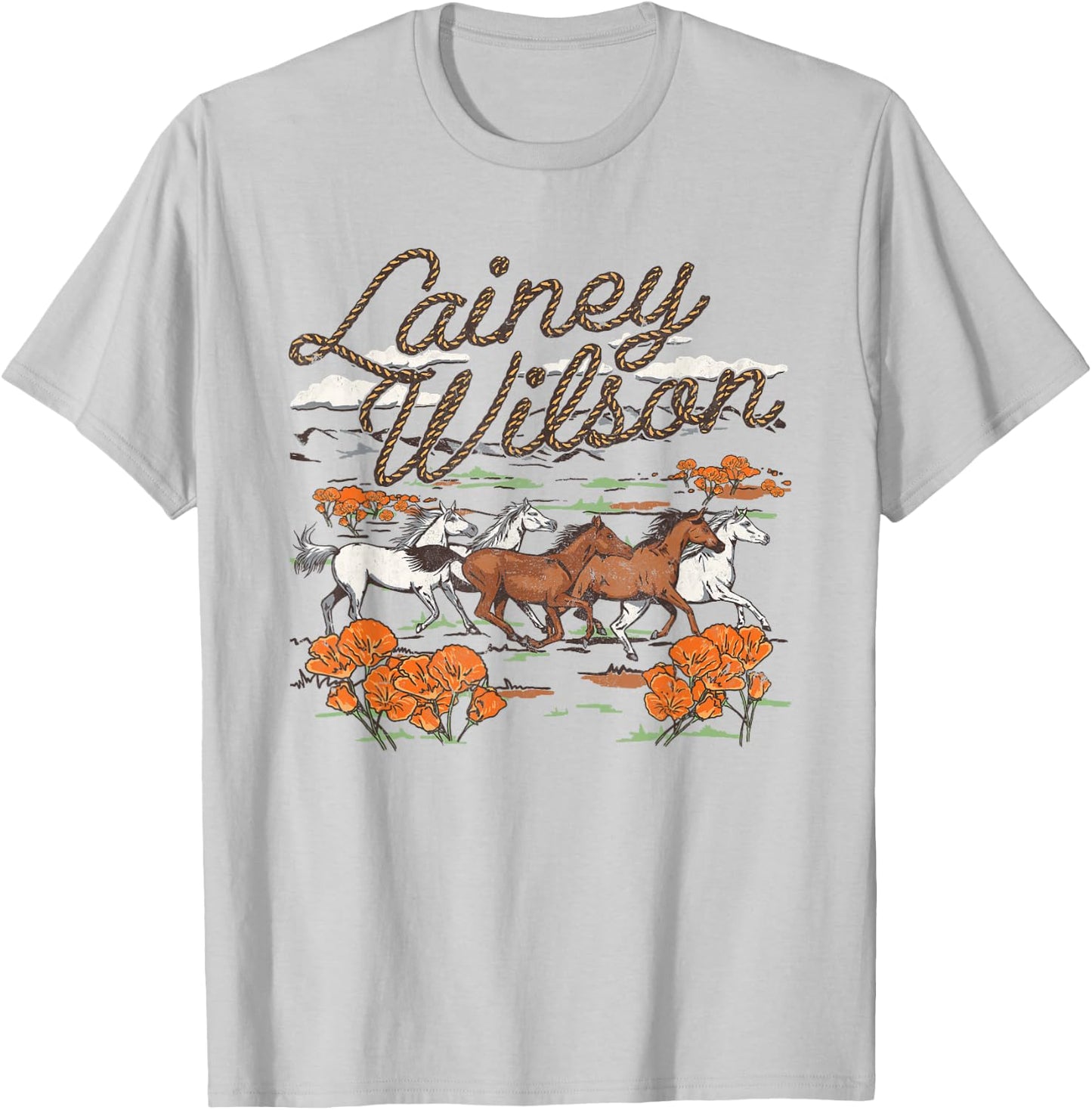 Lainey Wilson Official Wild Horses , -Adults, Grey, Small, Short Sleeve, Regular Fit, Cotton Blend T-Shirt - T-Shirt | Ash