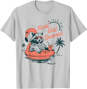 Feral Girl Summer Funny Meme Feral Raccoon Summer Vacation T-Shirt - T-Shirt | Ash