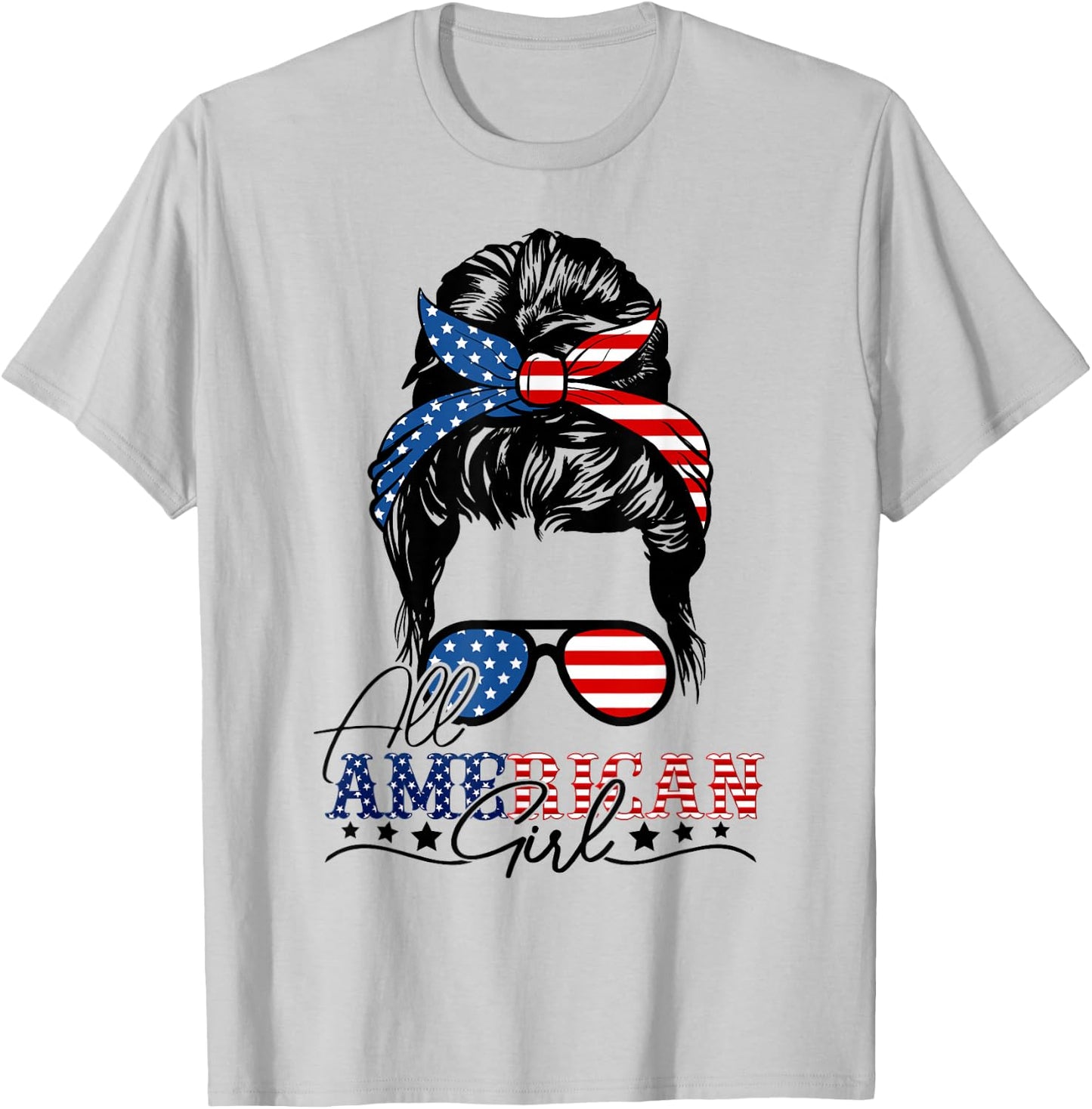 4th of July Messy Bun All American Girls USA Flag For Girls T-Shirt - T-Shirt | Ash