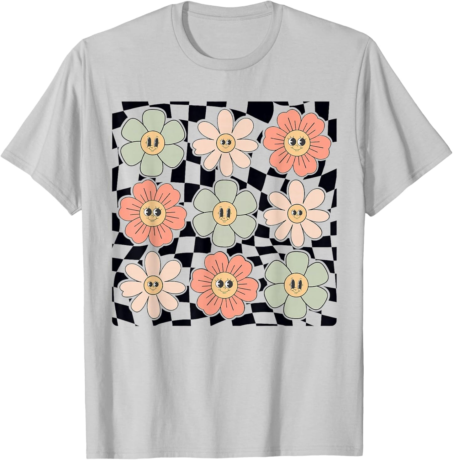 Retro Colorful Checkered Pattern Checkerboard Daisy Flowers T-Shirt - T-Shirt | Ash