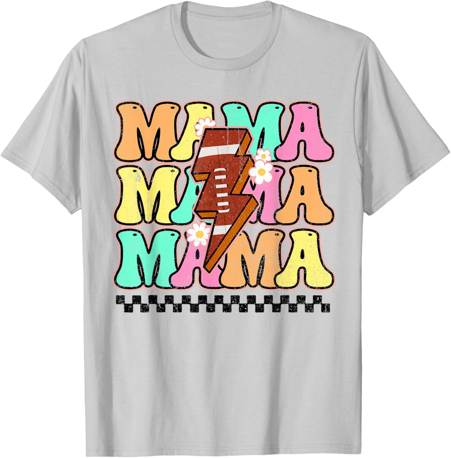 Football Mama Bolt Lightning Checkered Mom Life Mother's Day T-Shirt - T-Shirt | Ash