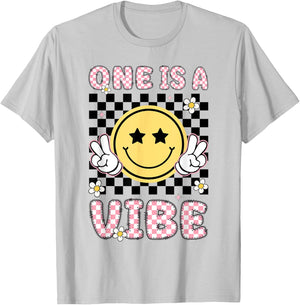 One Is A Vibe 1 Years Old Groovy 1st Birthday Kid Girl T-Shirt - T-Shirt | Ash