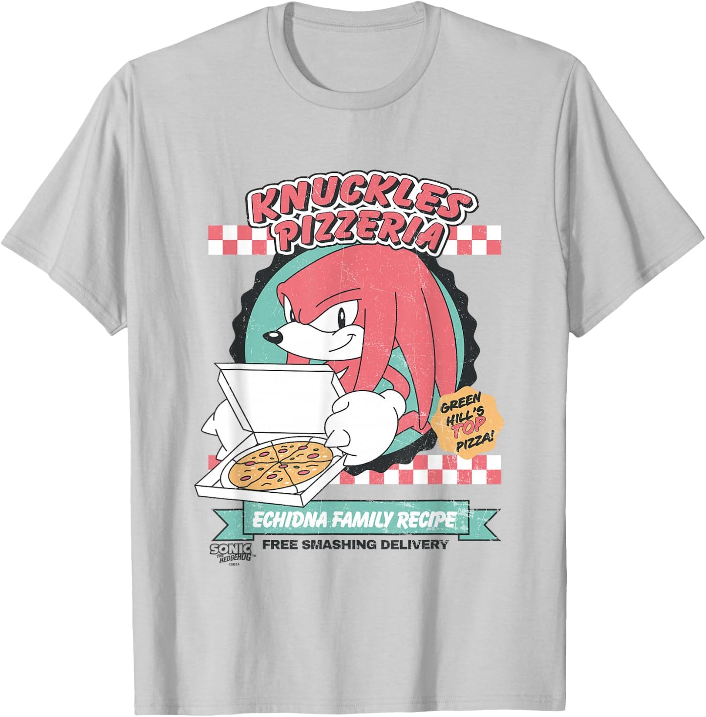 Sonic The Hedgehog Knuckles Pizzeria Vintage Restaurant Ad T-Shirt - T-Shirt | Ash