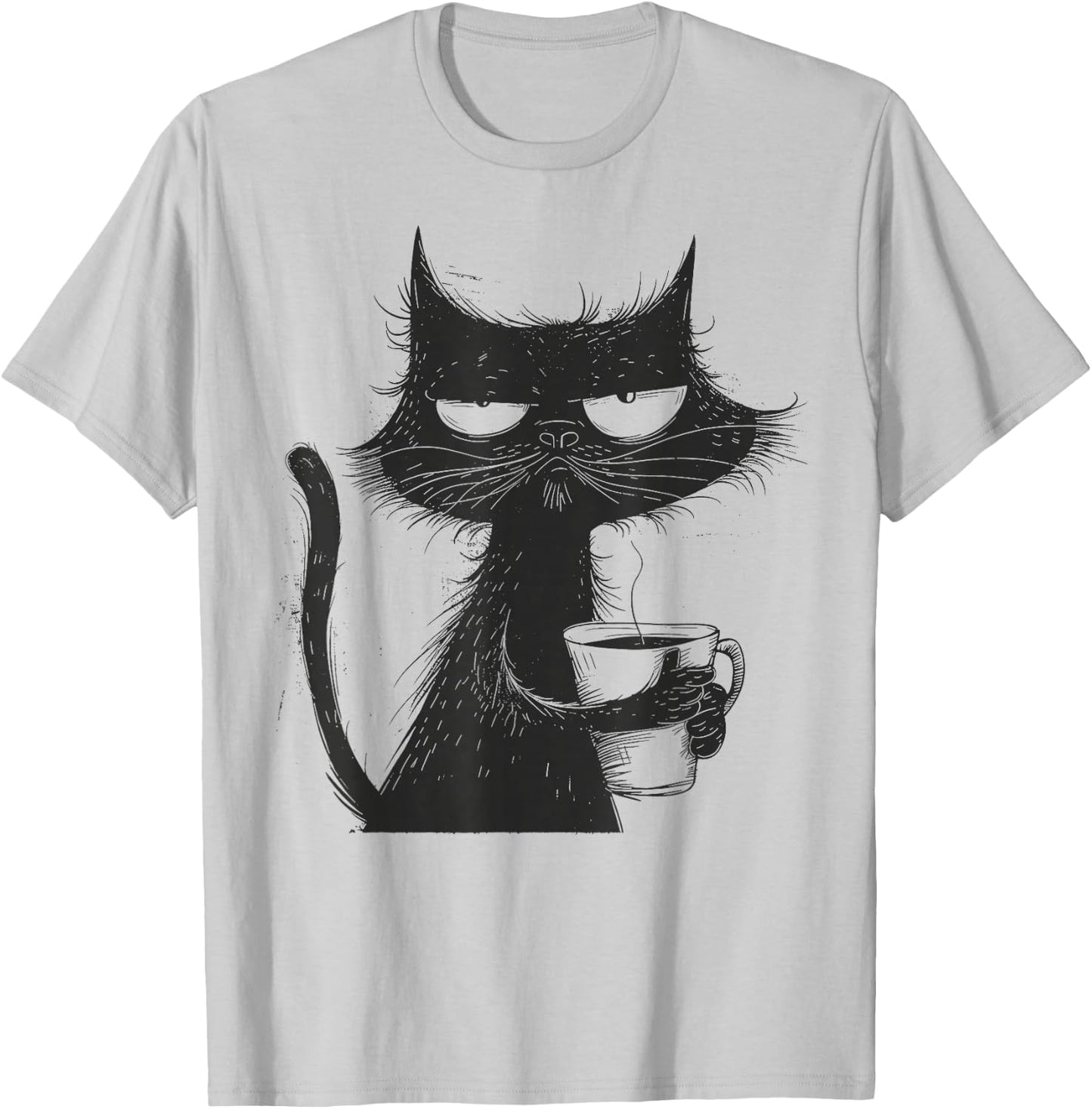 Funny Angry Cat With Coffee Mug Graphic T-Shirt - T-Shirt | Ash