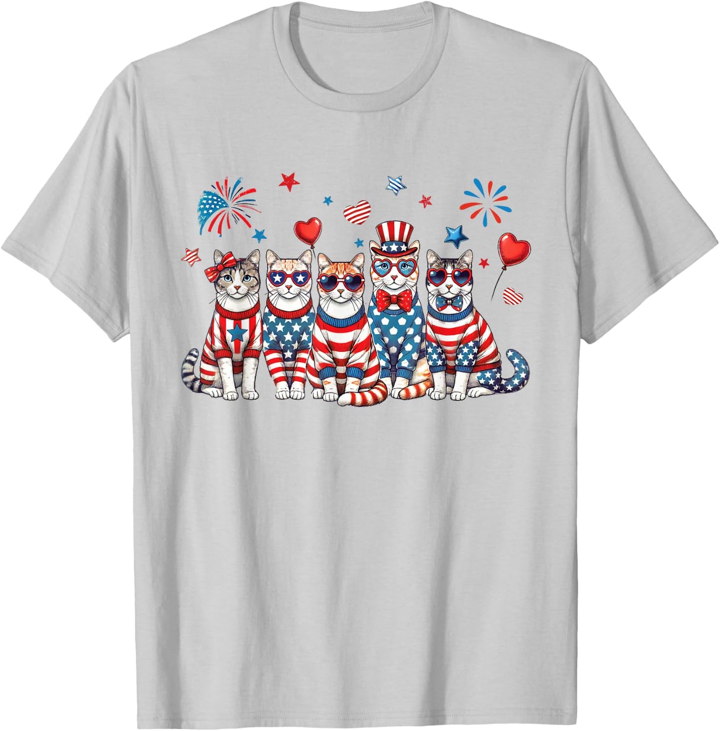 Patriotic Cats Wearing Red White Blue Glasses Fireworks USA T-Shirt - T-Shirt | Ash