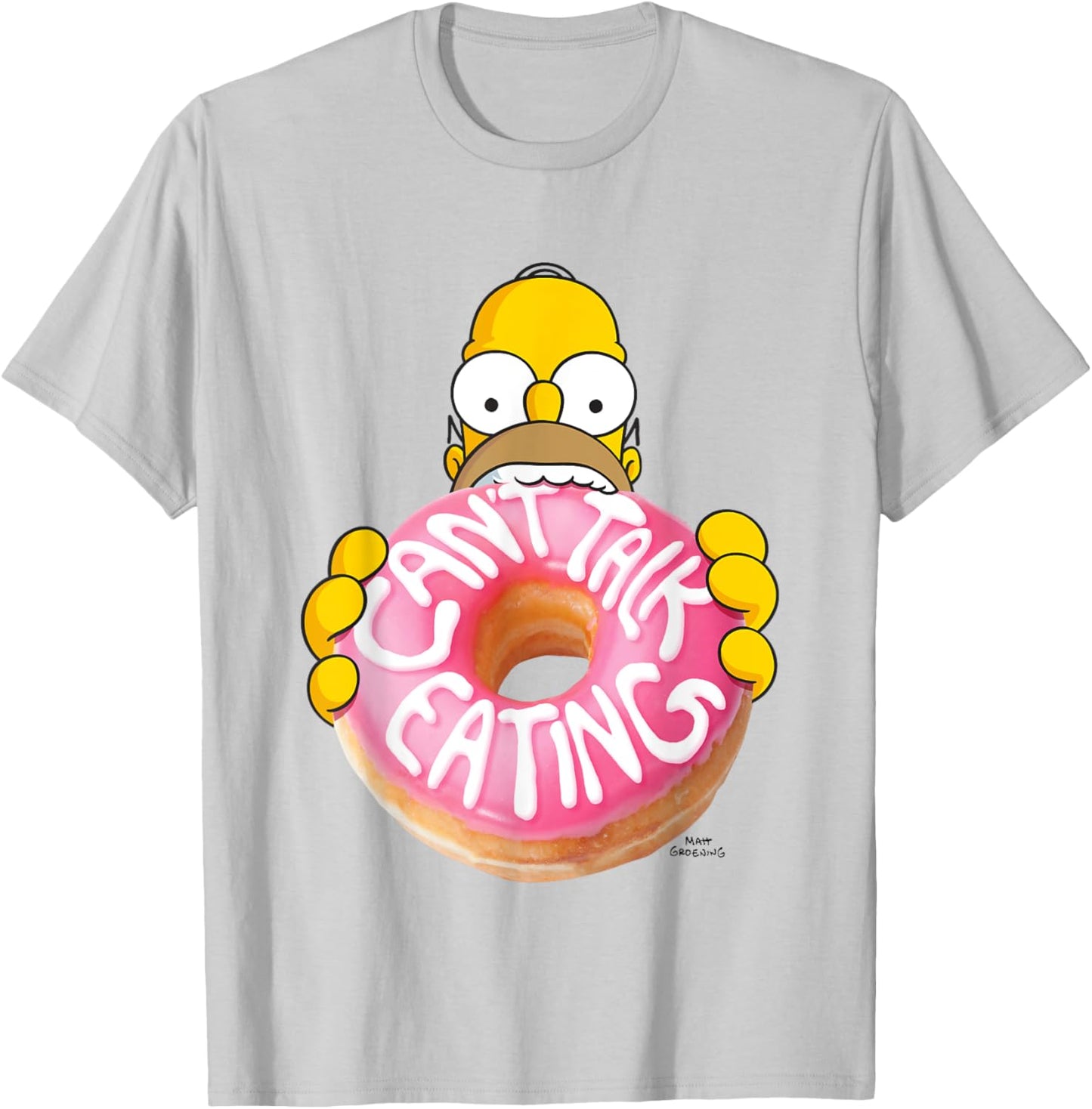 The Simpsons Homer Can't Talk Eating Big Donut Chest Logo T-Shirt - T-Shirt | Ash