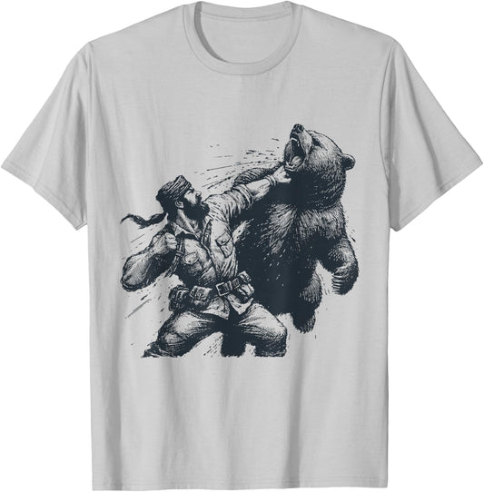 Bear Funny Man Punching Bear Retro Vintage Hunting Camping T-Shirt - T-Shirt | Ash