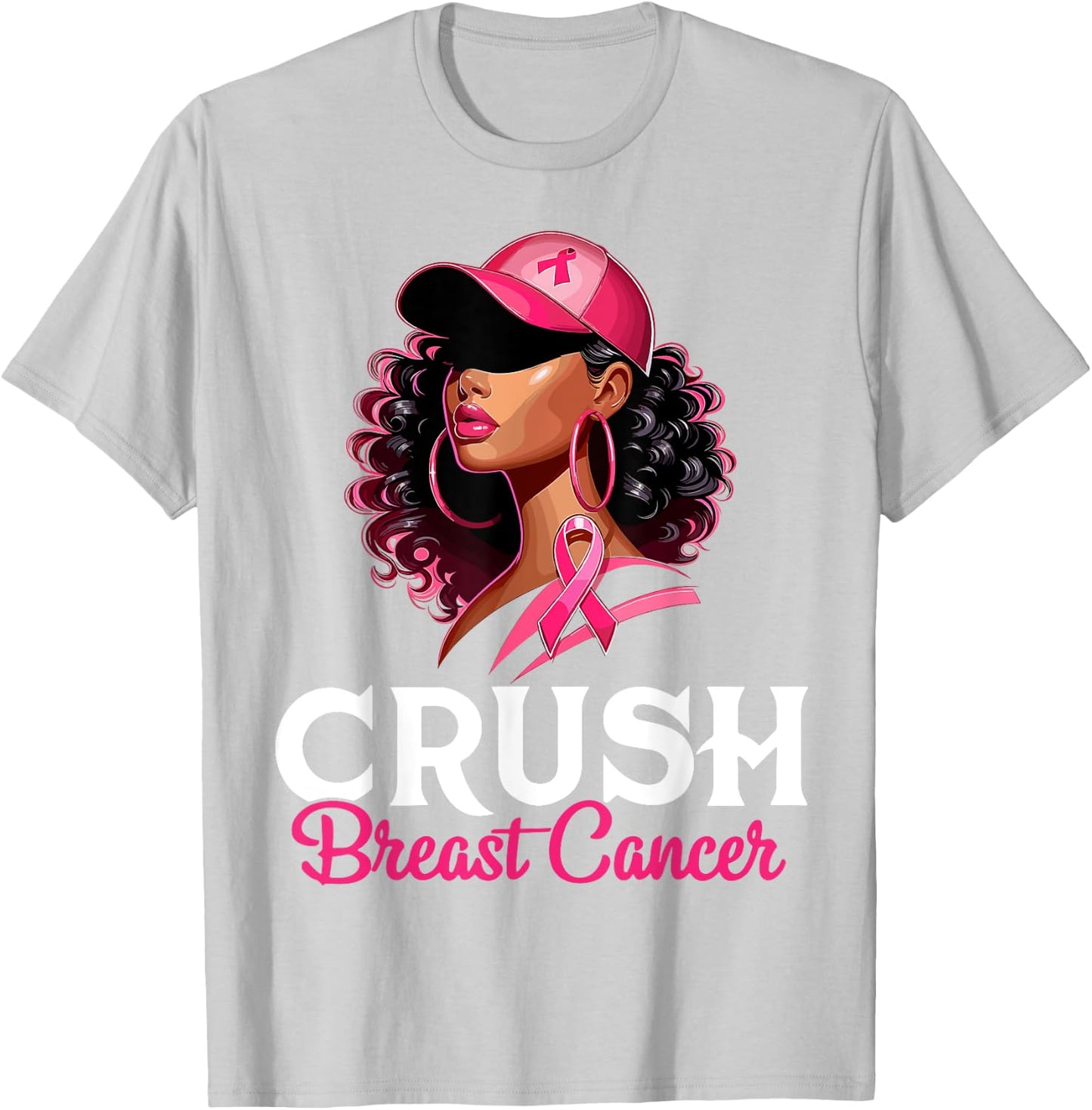 Crush Breast Cancer Awareness Black Afro Woman Pink Ribbon T-Shirt - T-Shirt | Ash