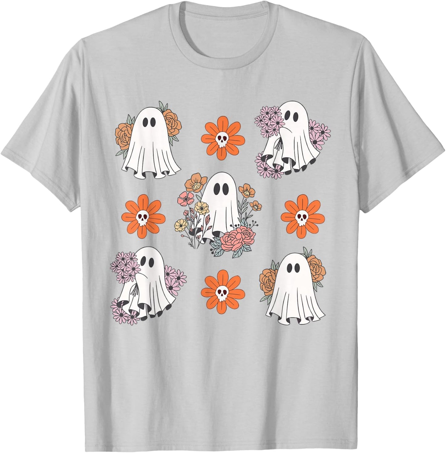 Cute Ghost Flower Halloween Pumpkin Spooky Season Women Kids T-Shirt - T-Shirt | Ash