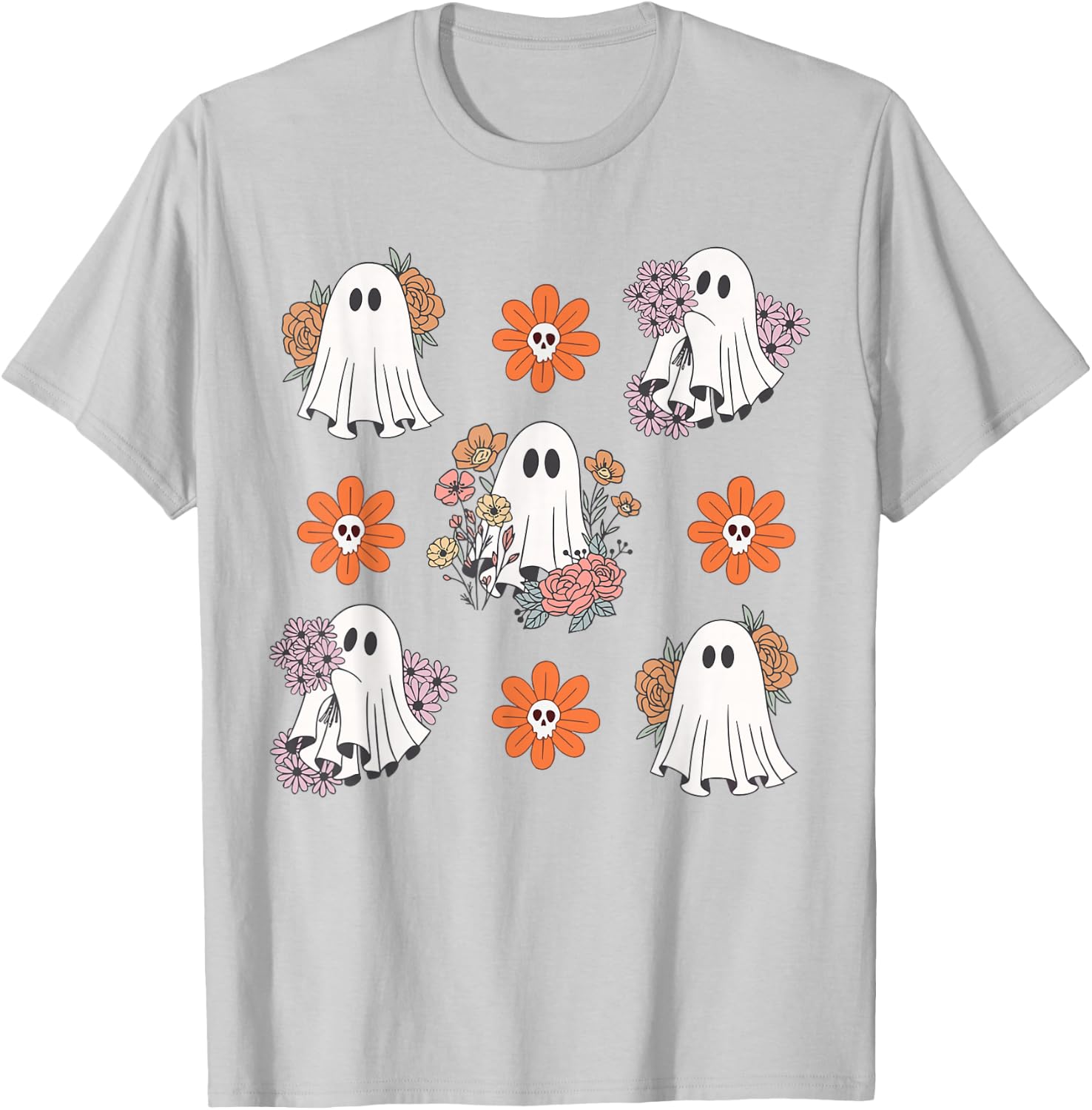 Cute Ghost Flower Halloween Pumpkin Spooky Season Women Kids T-Shirt - T-Shirt | Ash