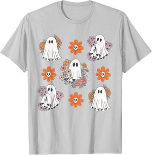 Cute Ghost Flower Halloween Pumpkin Spooky Season Women Kids T-Shirt - T-Shirt | Ash