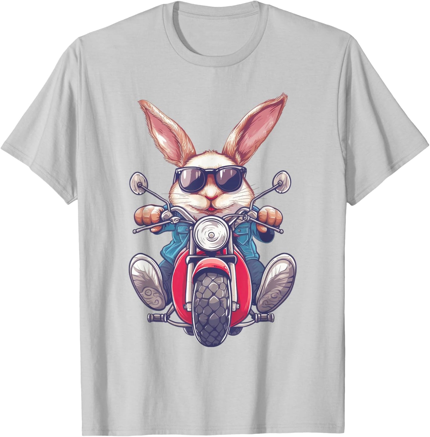 Easter Bunny Rabbit with Sunglasses Riding Motorcycle T-Shirt - T-Shirt | Ash