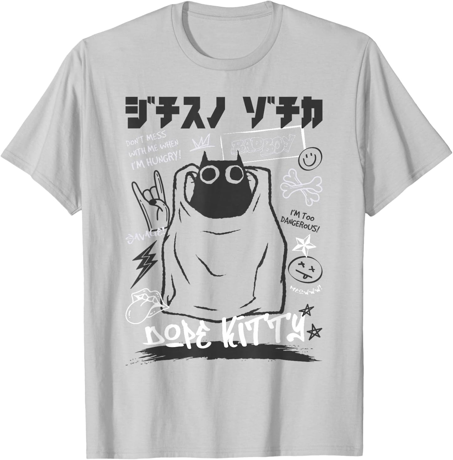 Funny Japanese Cartoon Black Cat Humorous Kitty T-Shirt - T-Shirt | Ash