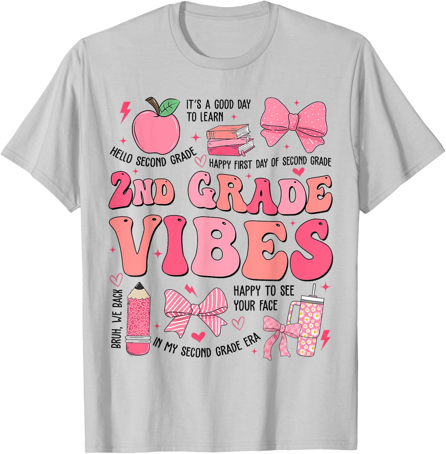Girls 2nd Grade Vibes Coquette Bow Back to School Teacher T-Shirt - T-Shirt | Ash