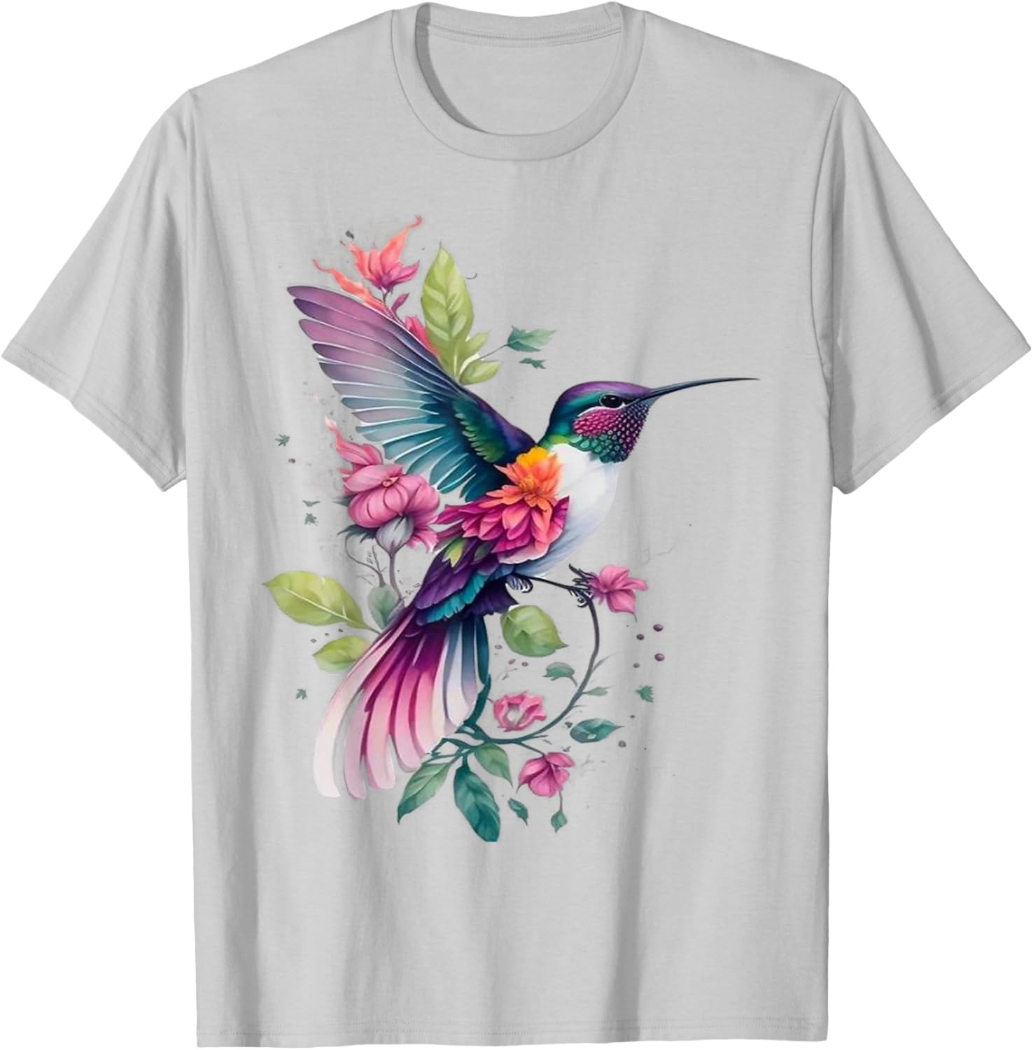 Floral Humming Bird Flowers Tie Dye Hummingbird T-Shirt - T-Shirt | Ash